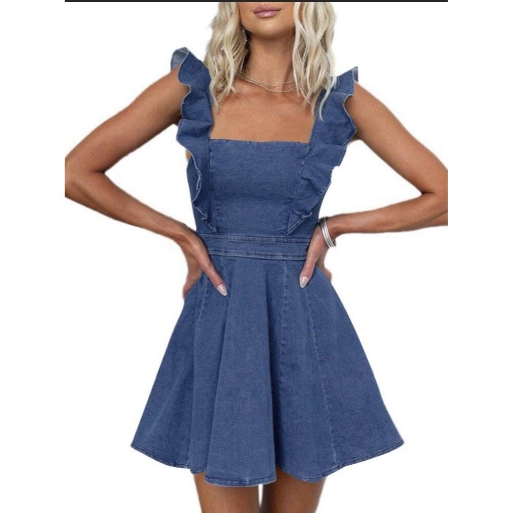 Denim Dress for Women Ruffle Adjustable Strap Sleeveless Backless Babydoll Mini